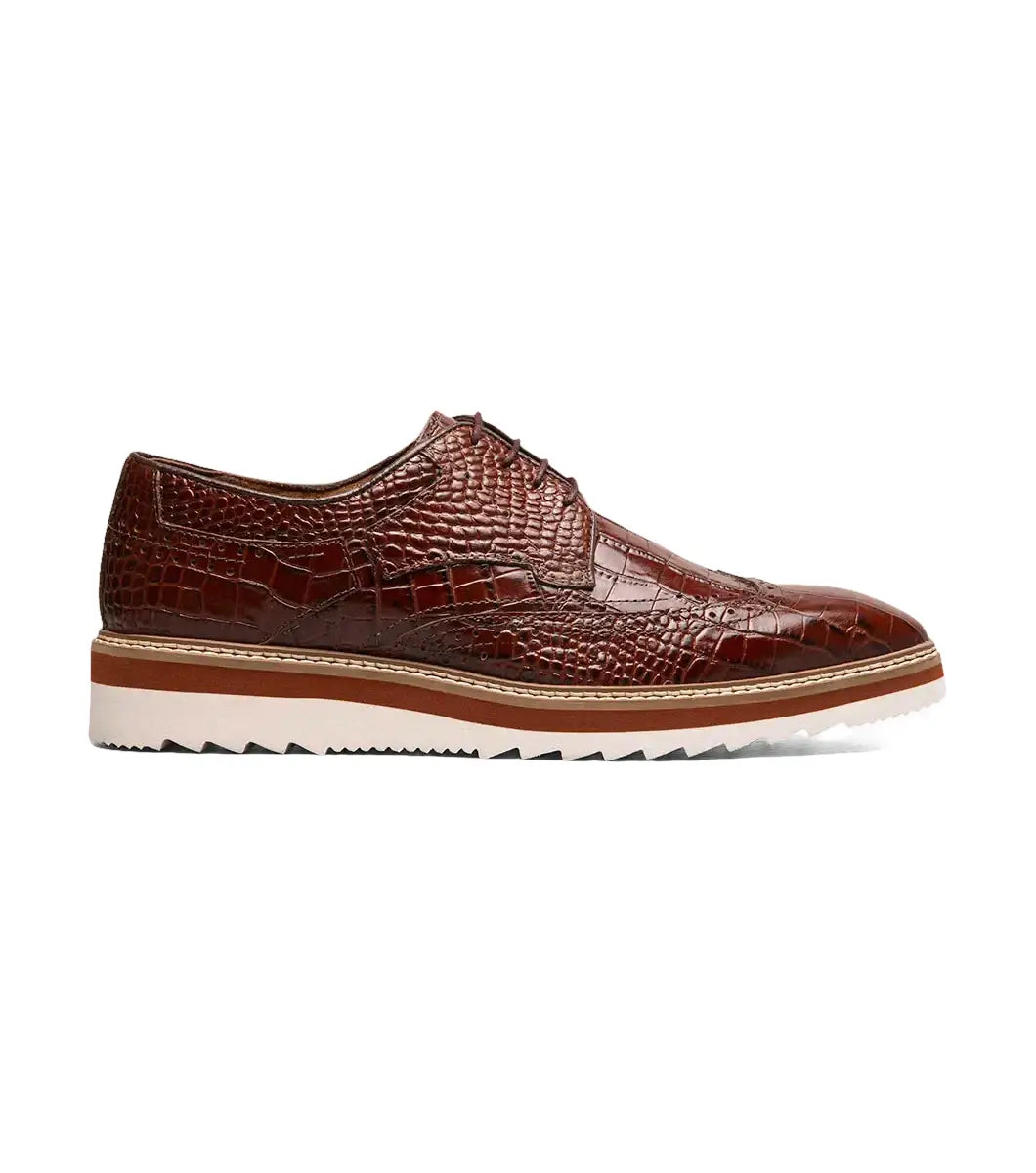 25725-221 Stacy Adams Alario Wingtip Oxford Croco Leather Shoes Cognac