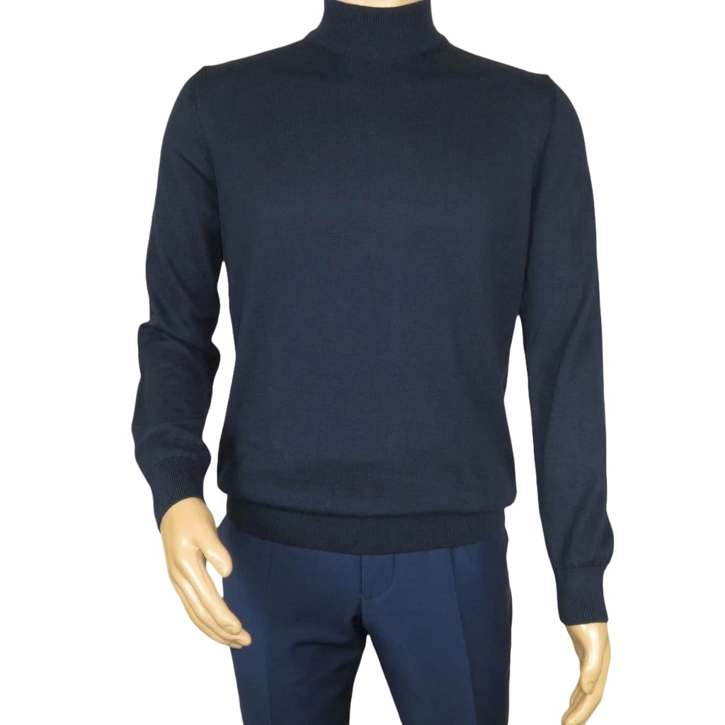 Men's Sweater Knit By BRANGO Turkey Mock Neck Cotton Blend 21050 Navy Blue