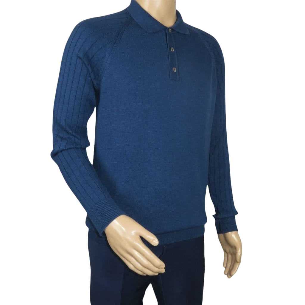 Men's Sweater Knit By BRANGO Turkey Polo Neck Cotton Blend 21220 Sax Blue