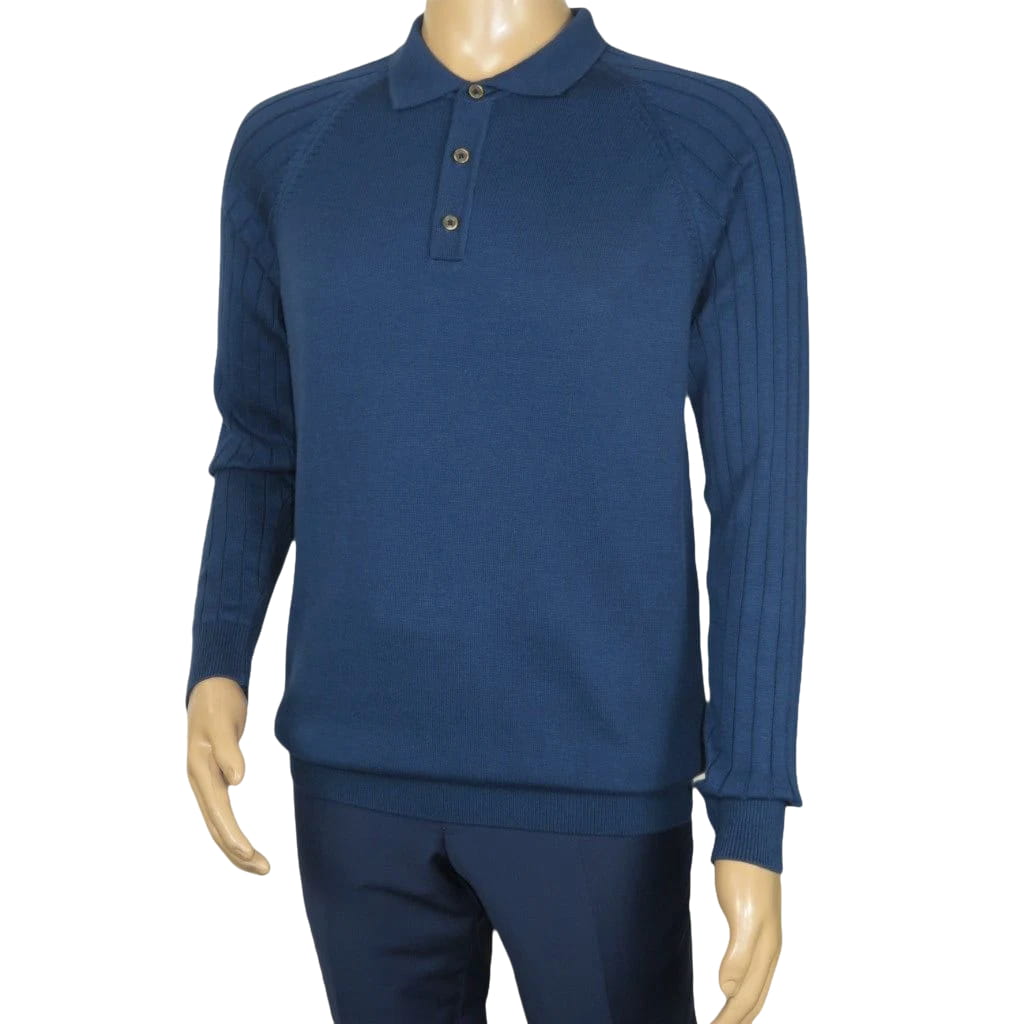 Men's Sweater Knit By BRANGO Turkey Polo Neck Cotton Blend 21220 Sax Blue