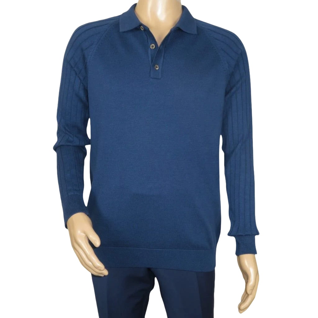 Men's Sweater Knit By BRANGO Turkey Polo Neck Cotton Blend 21220 Sax Blue