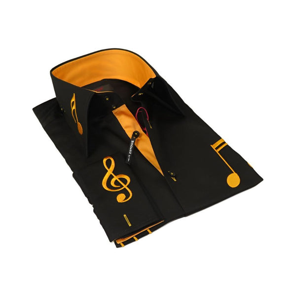 Men Axxess Turkey Shirt 100% Cotton Musical Note 224-56 French Cuffs Black Gold