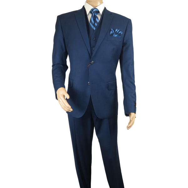 Mens Vitali Three Piece Suit Vested Sheen Sharkskin Business M3090 Ink blue