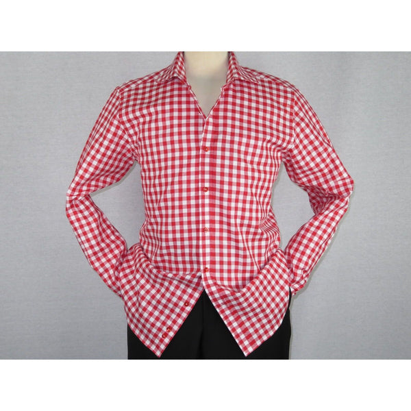 Men Oscar Banks All Cotton Shirt English Spread Collar Plaid Checker 5949 Red