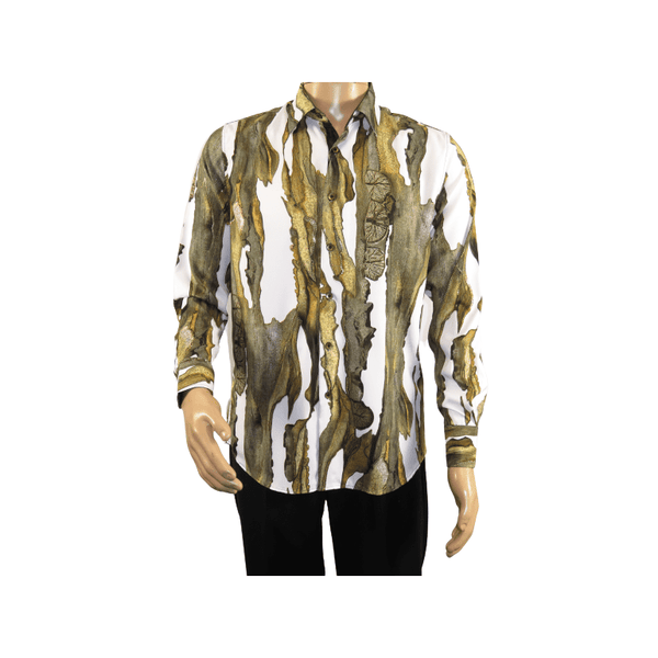 Men Sports Shirt by DE-NIKO Long Sleeves Fashion Print Modal Nk20188 White Olive