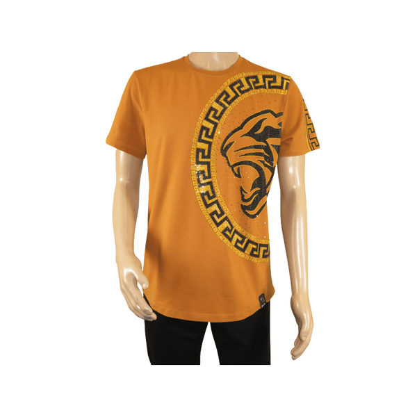 Men LAVERITA European Fashion Crew Shirt Short Sleeve Lion Medallion 93265 Camel