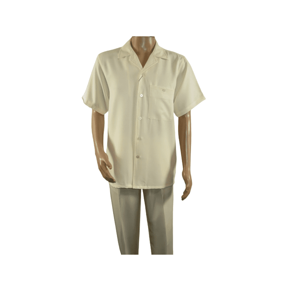 Men 2pc Walking Leisure Suit Short Sleeves By DREAMS 255-05 Solid Cream Ivory
