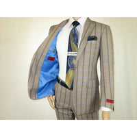 Mens Suit by RENOIR English Plaid Window Pane European Business 291-5 Beige blue