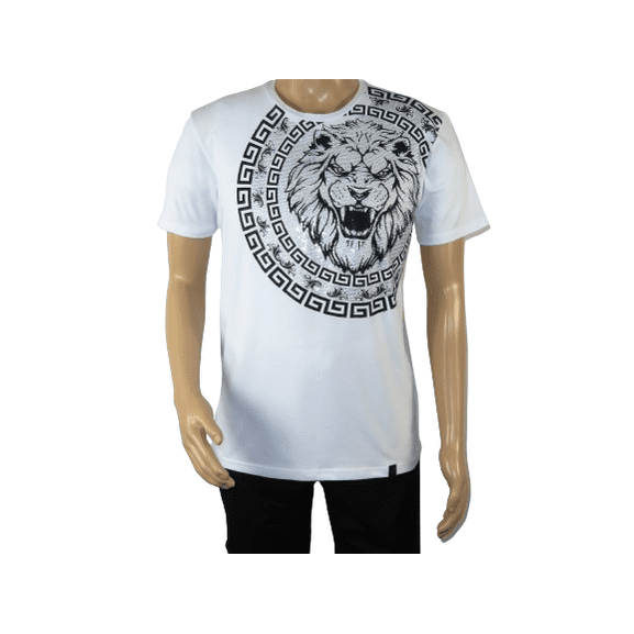Mens PLATINI Sports Shirt With Rhine Stones Lion Medallion Chain SS3612 White