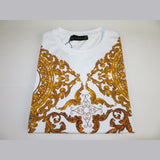 Men LAVERITA European Fashion Crew Shirt Rhine Stones Floral 93370 White