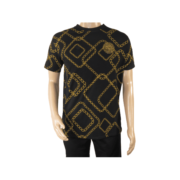 Mens PLATINI Sports Shirt With Rhine Stones Medallion Chain STT7626 Black Gold
