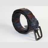 Men Genuine Leather Belt PIERO ROSSI Turkey Croc print Hand Stitch 69 Brown navy