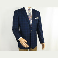 Men's Soft Wool Cashmere Sport Coat English Plaid Window Pane 556-11 Navy Renoir