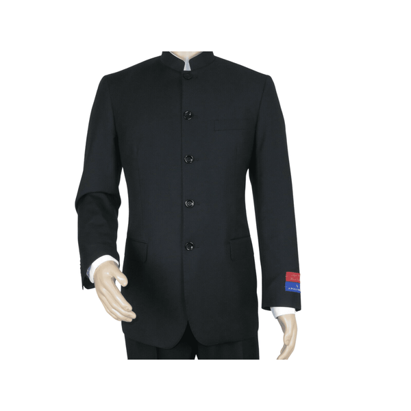 Men Apollo King Banded Collarless suit Mandarin 5 Button Wide leg M5-1 Black