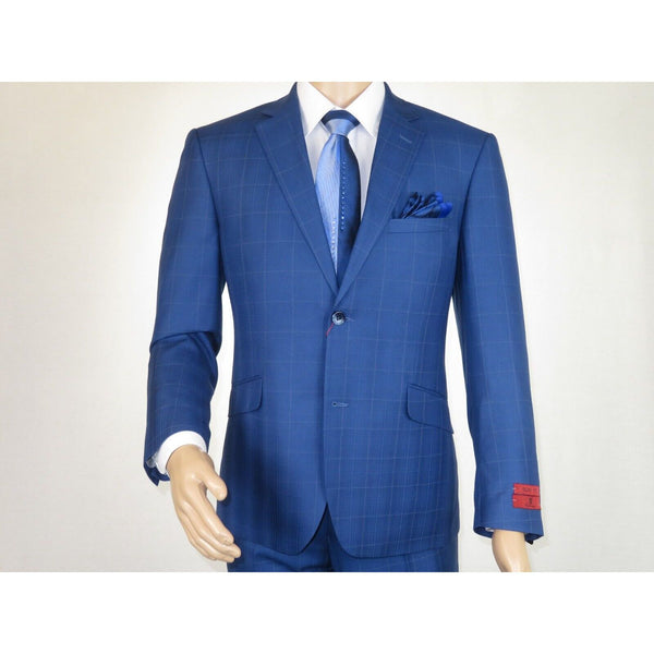 Men Suit By Renoir Window pane English Plaid Slim Fit Side Vents Fit 291-20 Blue
