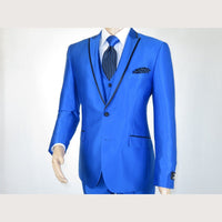 Mens Tuxedo Formal Suit ROYAL DIAMOND Slim Fit 3Pc Vested shiny Satin SL83 Blue