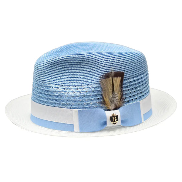 Men's Belvedere 2-Tone Straw Style Fedora Hat Snap Brim BD951 Blue White
