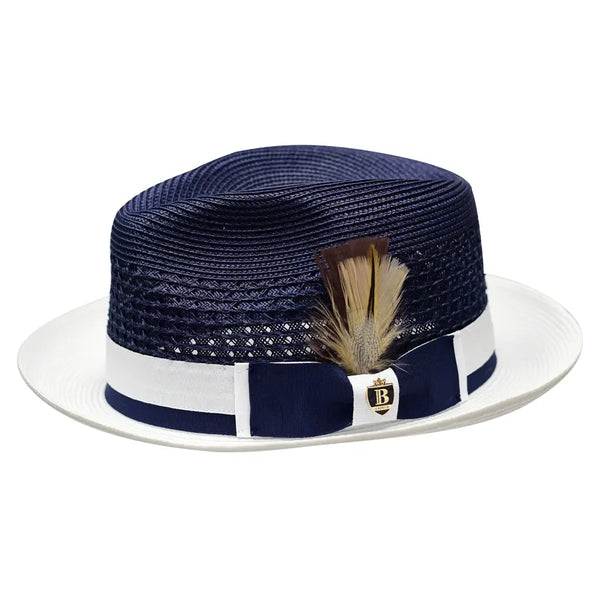 Men's Belvedere 2-Tone Straw Style Fedora Hat Snap Brim BD967 Navy White