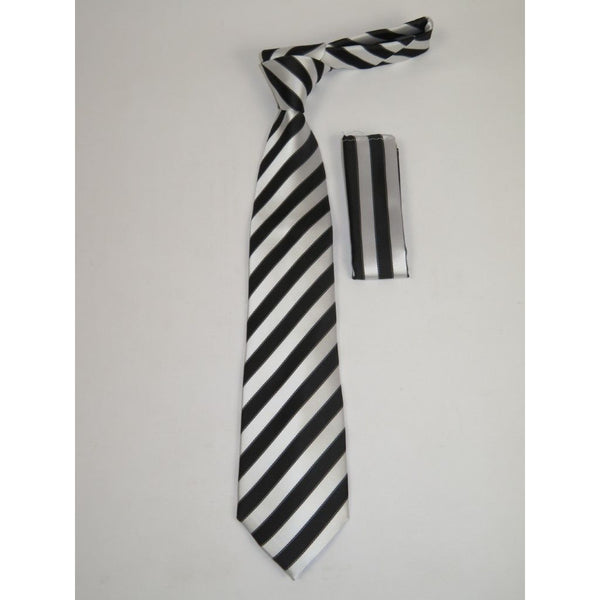 Men's Woven Tie Hankie Set J.Valintin Private Collection R25 Black Silver Stripe