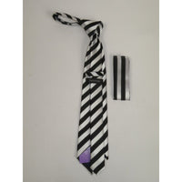Men's Woven Tie Hankie Set J.Valintin Private Collection R25 Black Silver Stripe