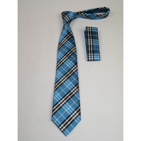 Men's Woven Tie Hankie Set J.Valintin Private Collection R37 Teal Blue Plaid