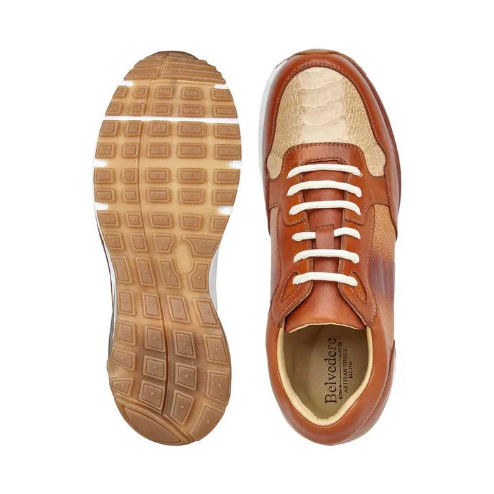 Belvedere Gino Genuine Ostrich,Italian Calf Leather Sneaker Brandy Bone E24