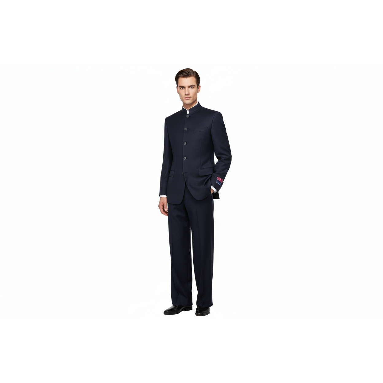 Men Apollo King Banded Collarless suit Mandarin 5 Buttons Wide leg M5-2 Navy, Men's, Size: 44reg-38waist, Blue