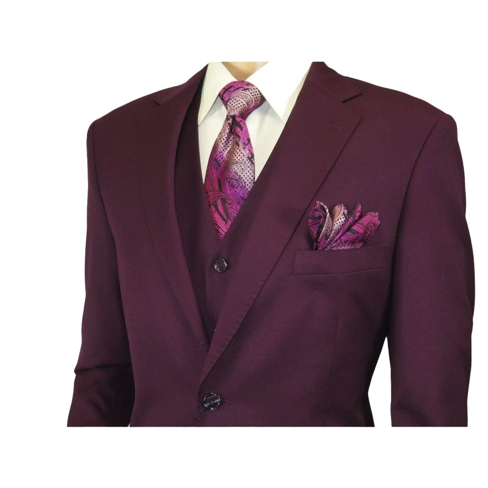 Men BERRAGAMO 3pc Suit Vested Plain front Pants Side Vents Formal A6732 Burgundy - J.Valintin Men's Wear Legend - 71737