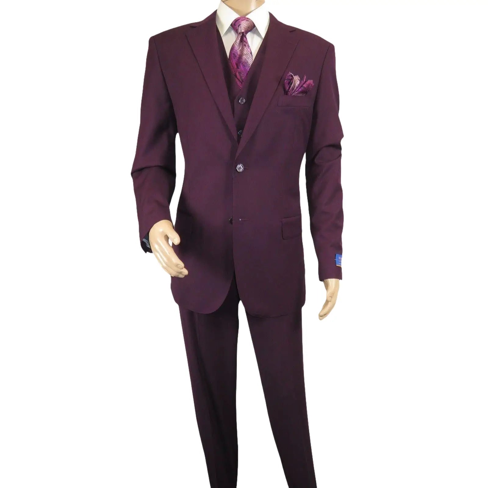 Men BERRAGAMO 3pc Suit Vested Plain front Pants Side Vents Formal A6732 Burgundy - J.Valintin Men's Wear Legend - 71737