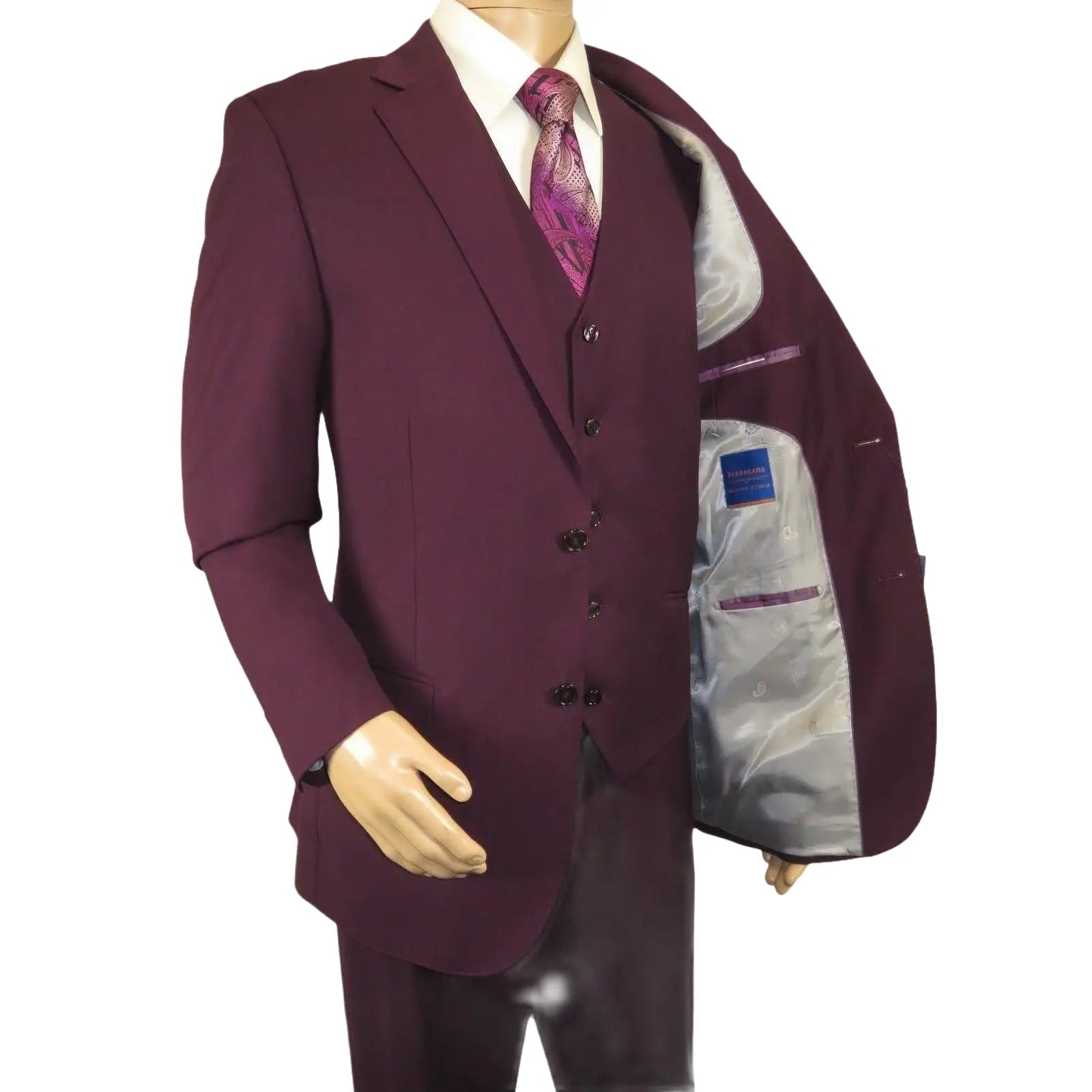 Men BERRAGAMO 3pc Suit Vested Plain front Pants Side Vents Formal A6732 Burgundy - J.Valintin Men's Wear Legend - 71737