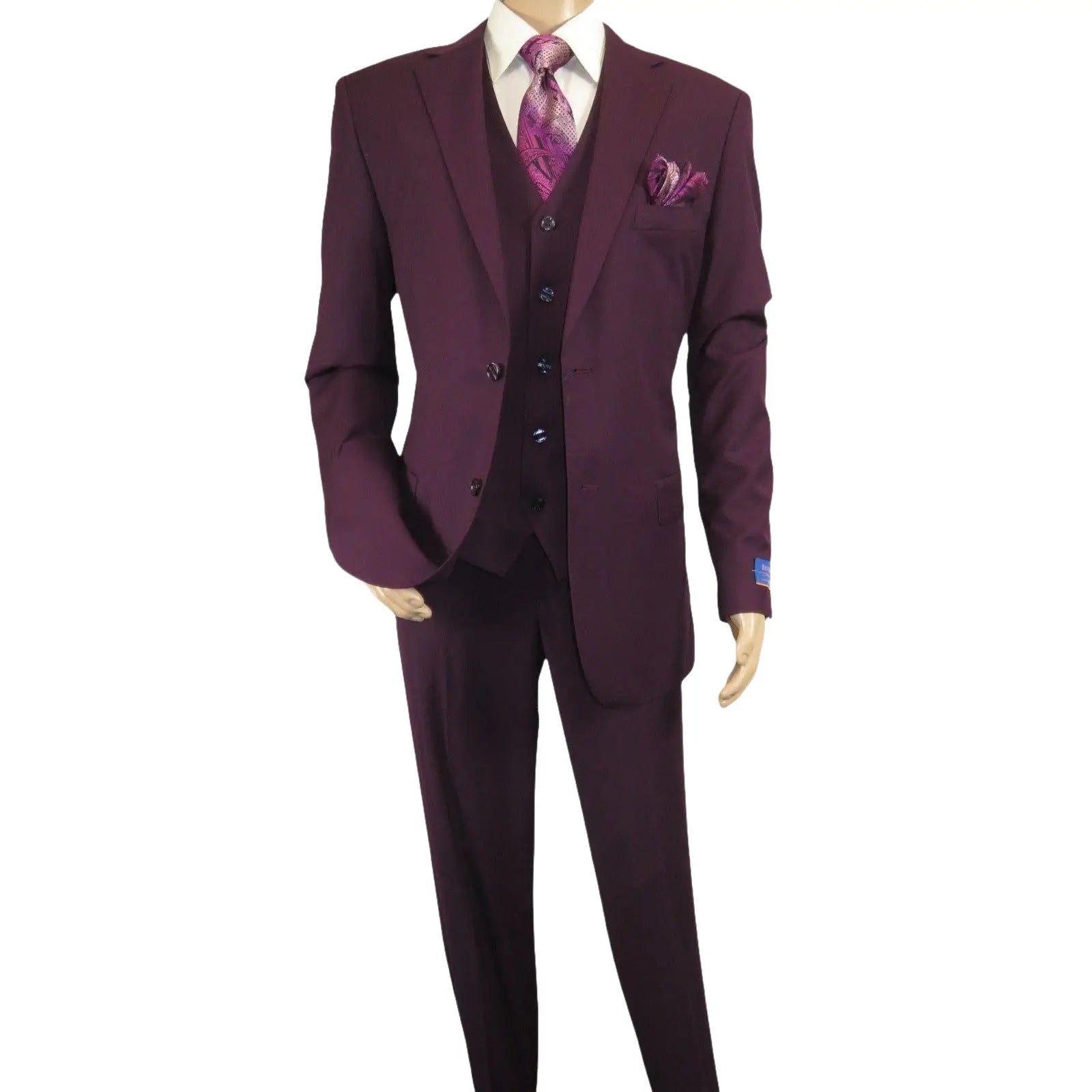 Men BERRAGAMO 3pc Suit Vested Plain front Pants Side Vents Formal A6732 Burgundy - J.Valintin Men's Wear Legend - 71737
