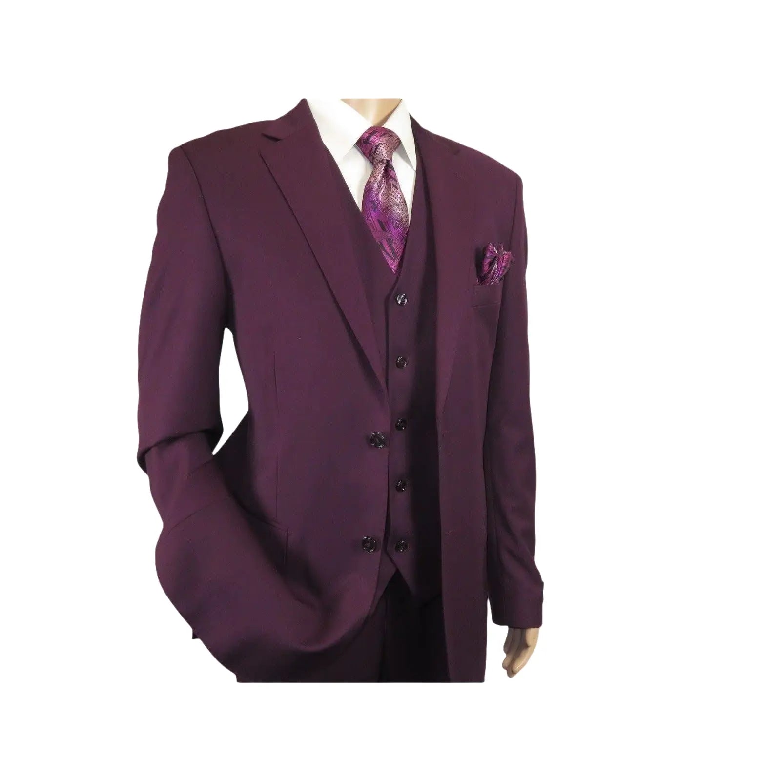Men BERRAGAMO 3pc Suit Vested Plain front Pants Side Vents Formal A6732 Burgundy - J.Valintin Men's Wear Legend - 71737