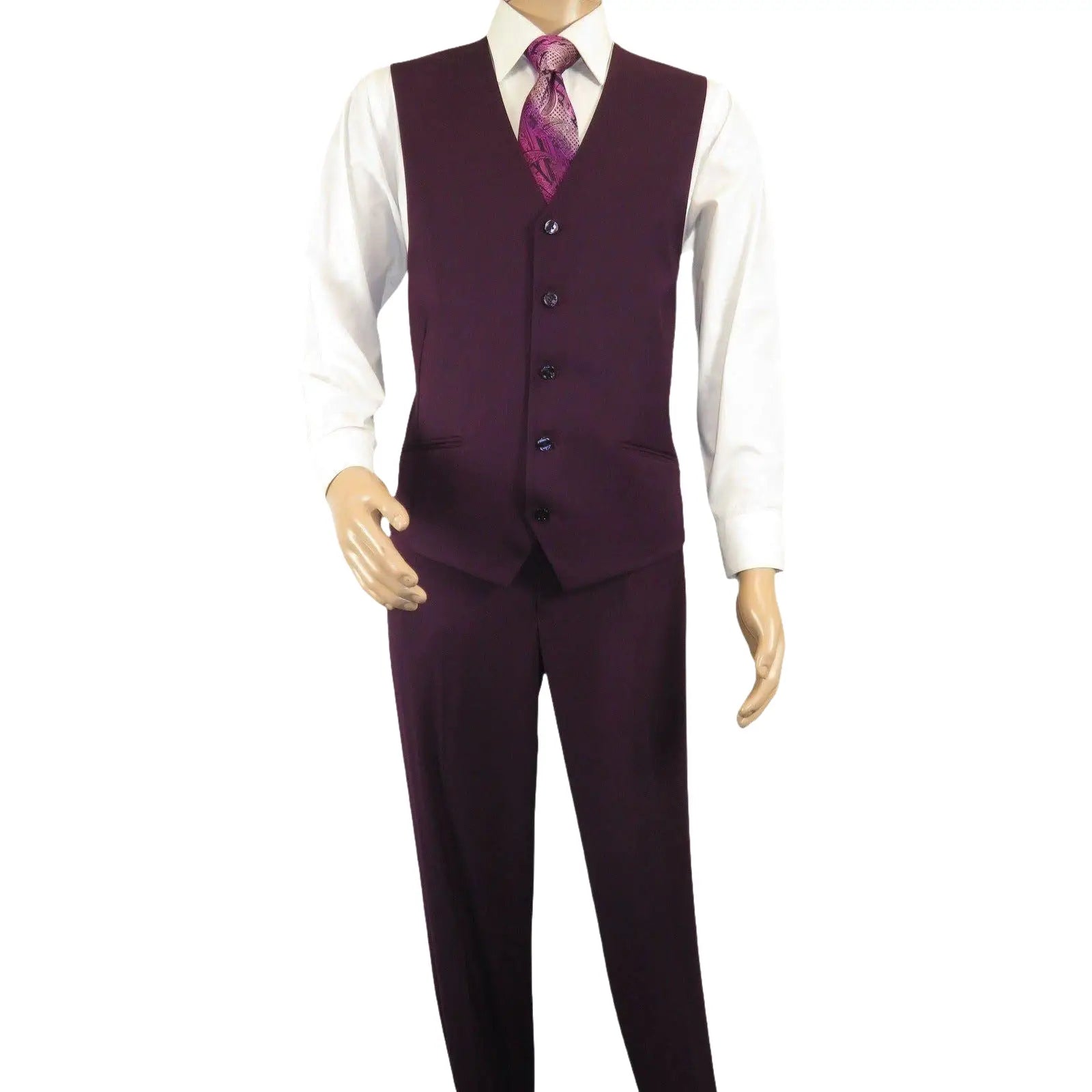 Men BERRAGAMO 3pc Suit Vested Plain front Pants Side Vents Formal A6732 Burgundy - J.Valintin Men's Wear Legend - 71737