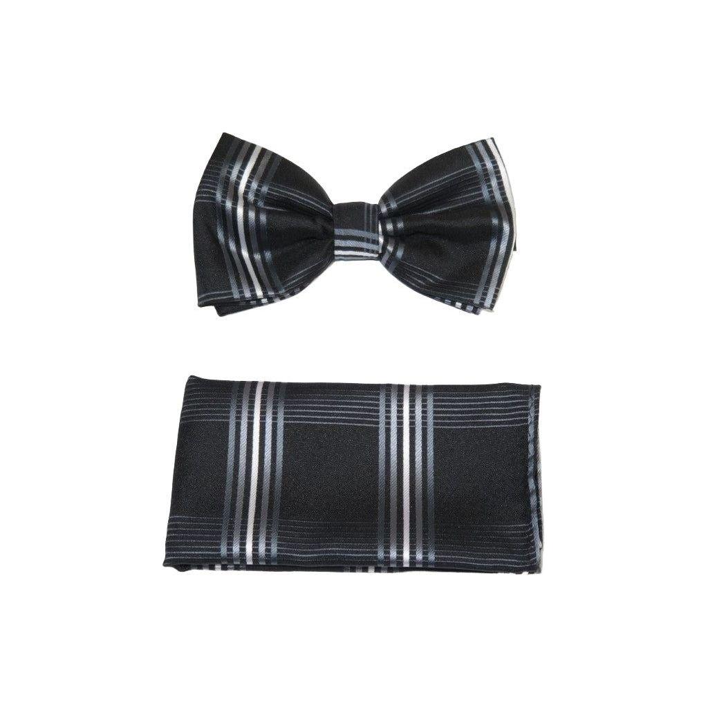 Men Bow Tie Hankie Set Formal Event Tuxedo, Business Suit #BT3 Black Striped - J.Valintin Men's Wear Legend - 92503