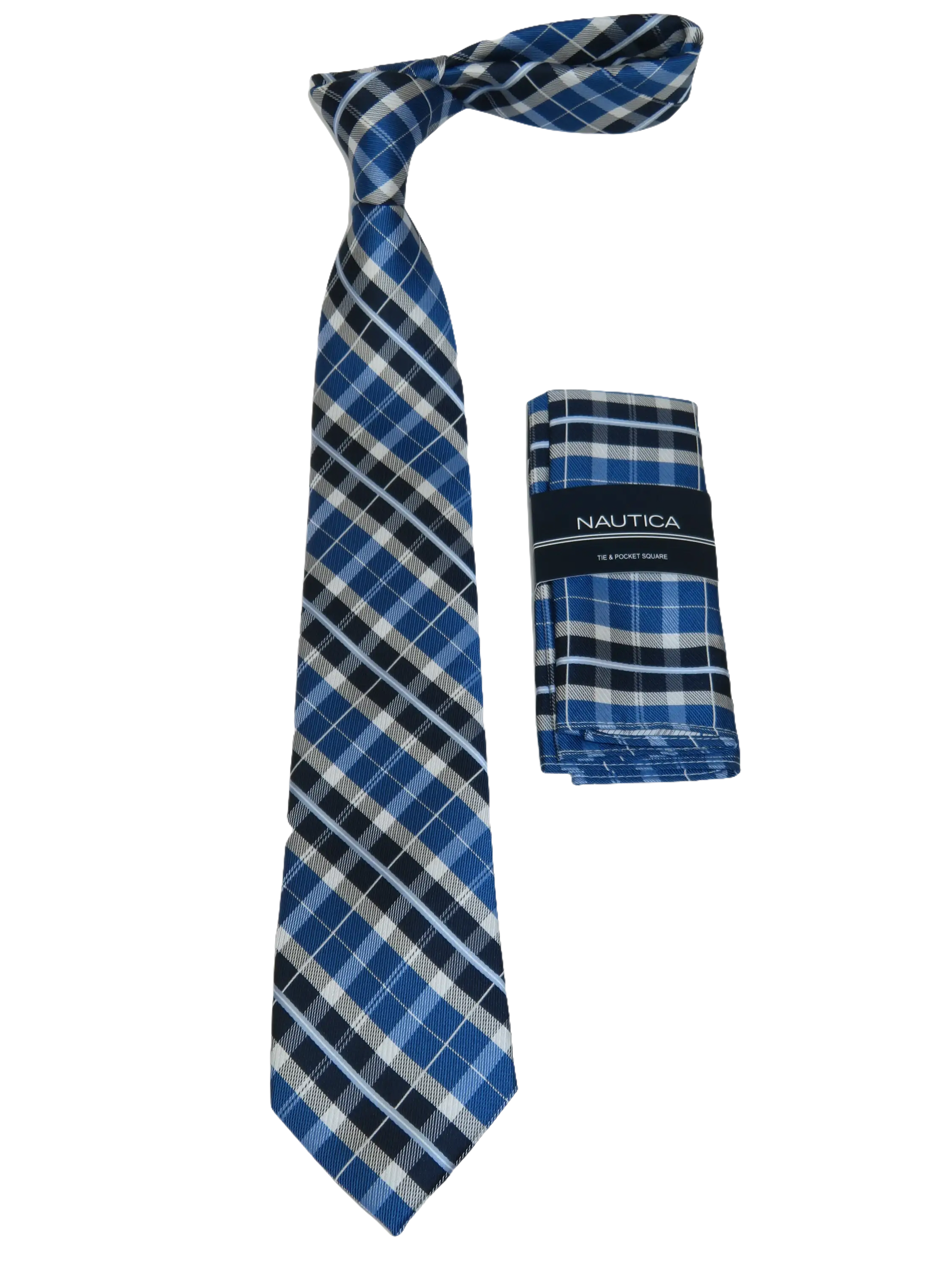 Men's Nautica Tie and Hankie Set Woven Silky Feel #Nautica-5 Blue Checkers
