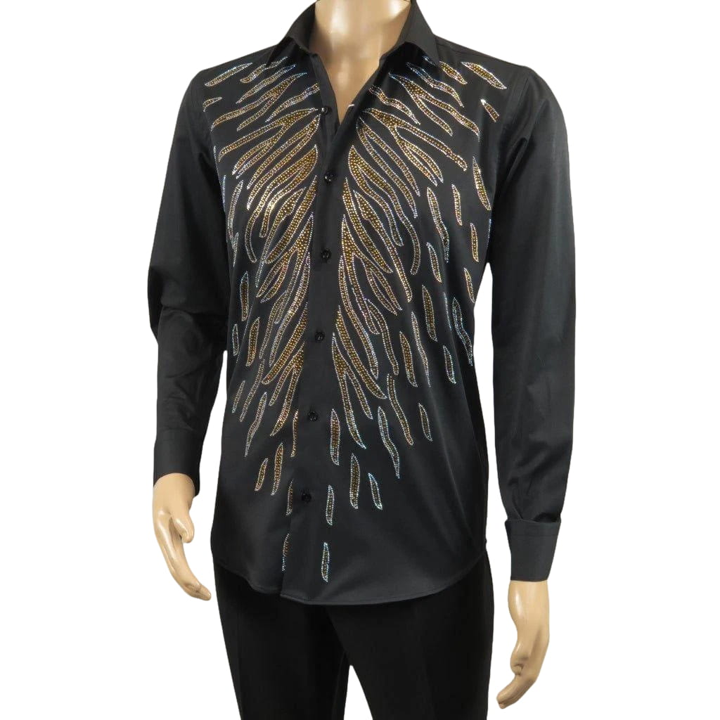 Men CEREMONIA Turkey Shirt 100% Cotton Fancy Rhine Stone #Roma 15 Black Slim Fit