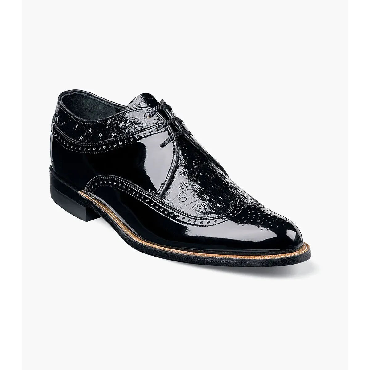 Stacy Adams Mens Dayton Black shoes Wing Tip Ostrich print Shiny Dressy 00375-01