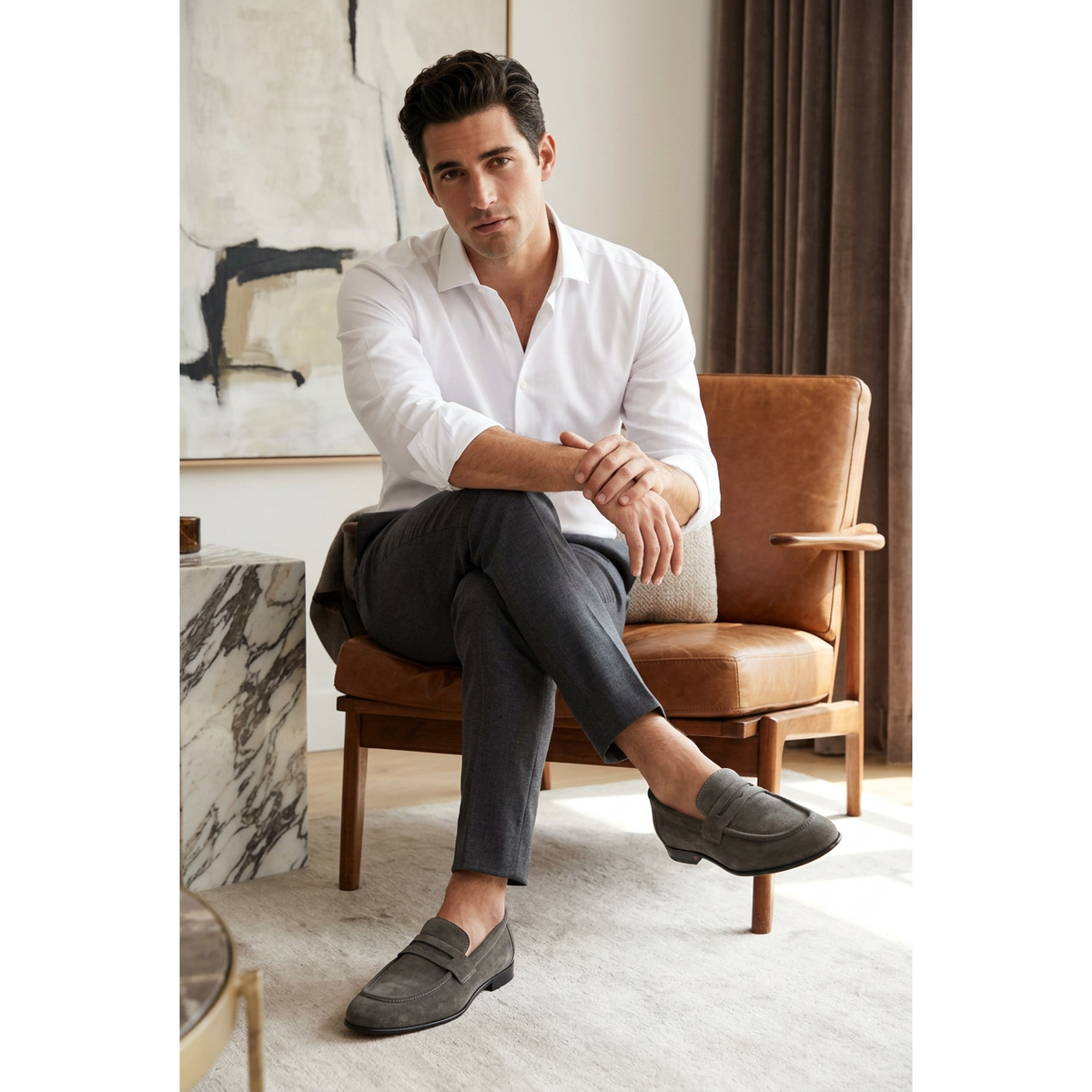 Men's Shoes By SHENBINS Genuine Soft Suede Leather Hand Made in Turkey 0053 Gray