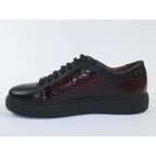 Men's Fashion Sneaker Shoes By SHENBINS Croc Deer Leather Hand Made 0101 Black Burgundy