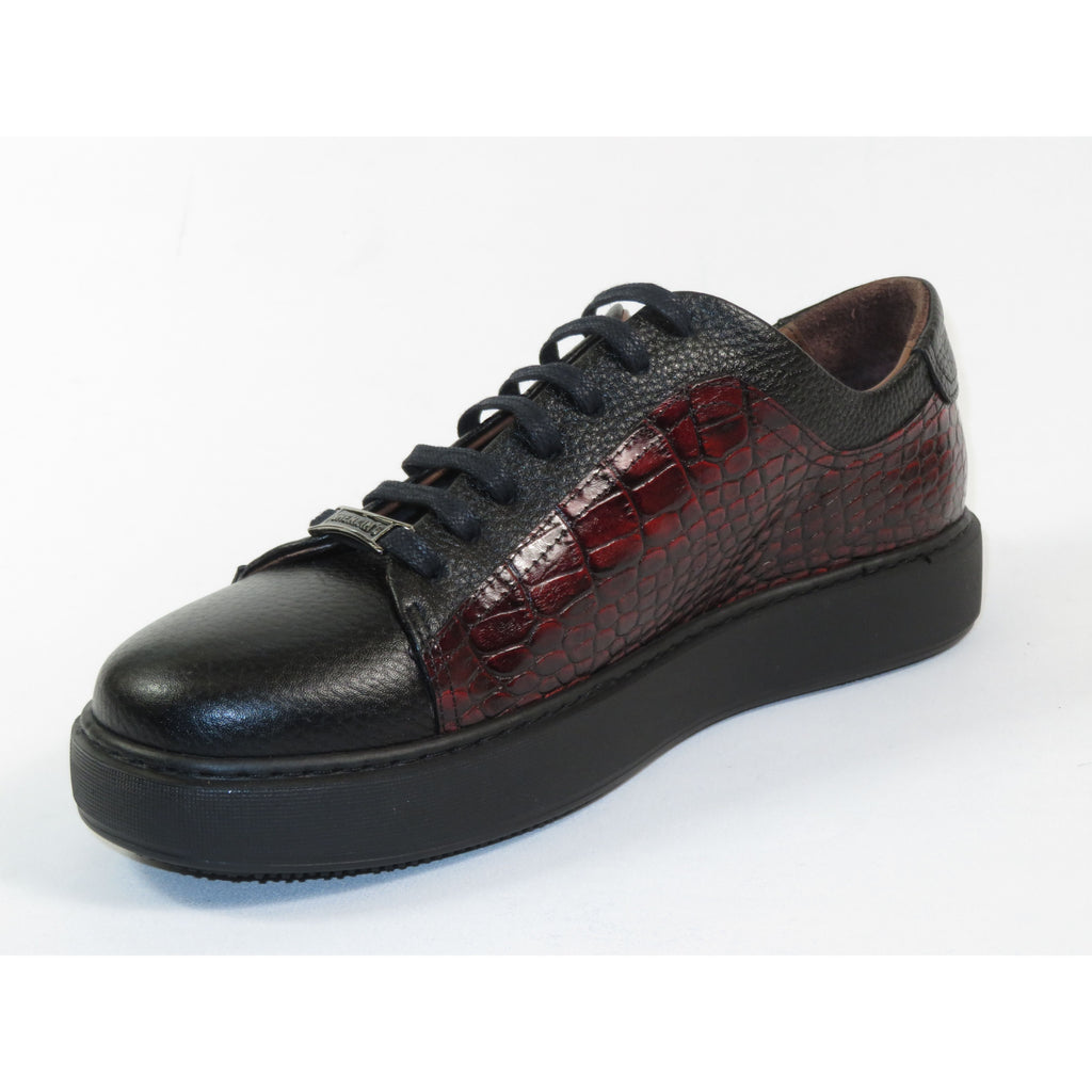 Men's Fashion Sneaker Shoes By SHENBINS Croc Deer Leather Hand Made 0101 Black Burgundy