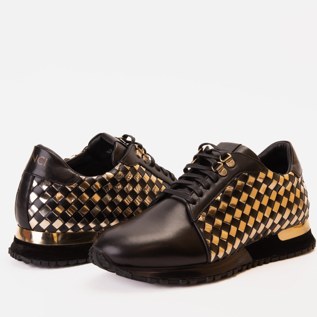 The Mackenzie Black & Gold Woven Leather Men Sneaker