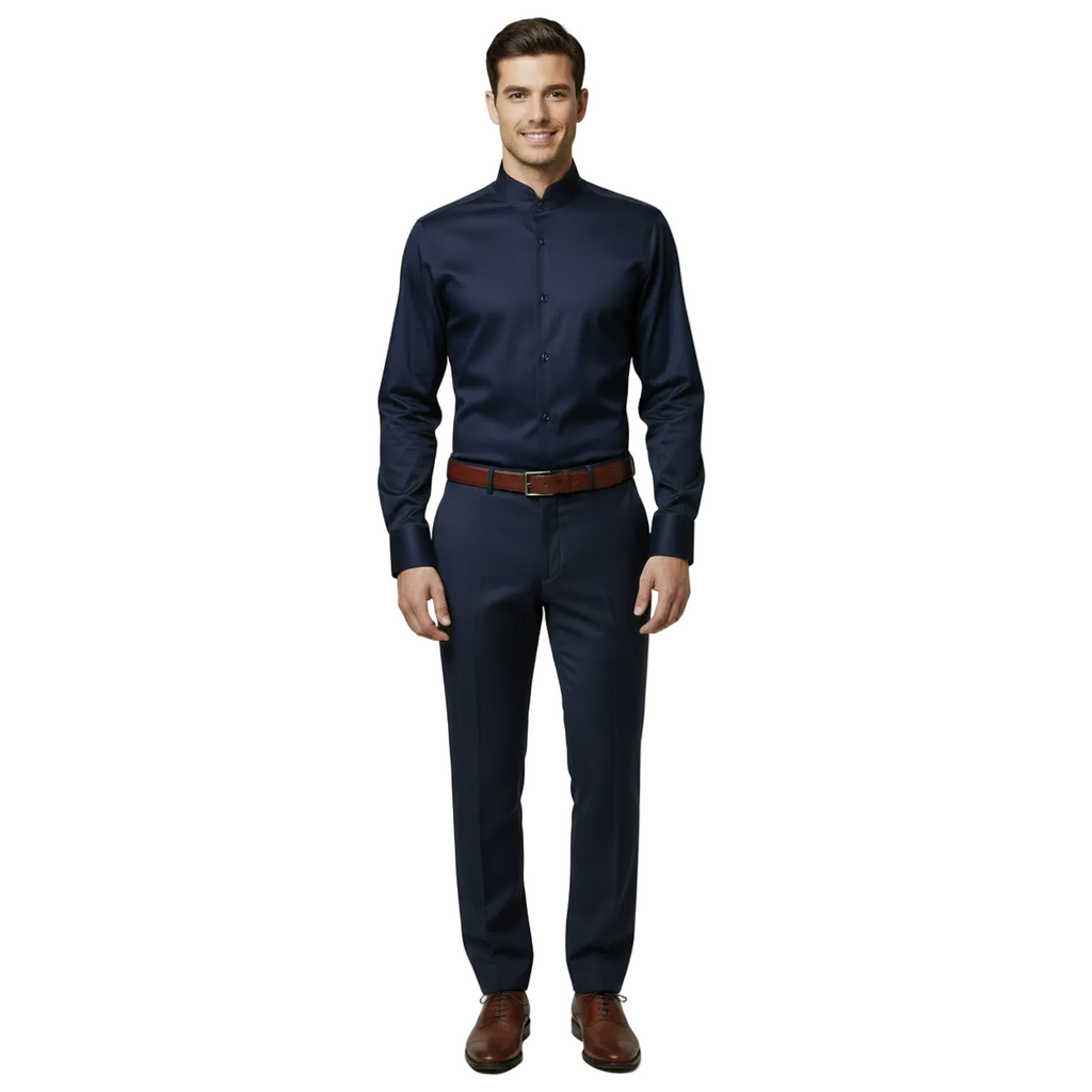 Mens CEREMONIA AVM Turkey Cotton Banded Minister Shirt Angelino-073 Navy