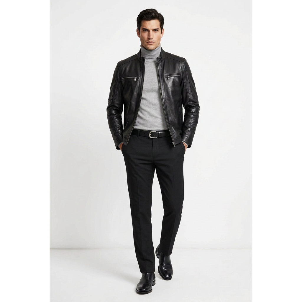 Men's VIA CONDOTTI Fine Lamb Skin Leather Zipper Jacket 081 Black