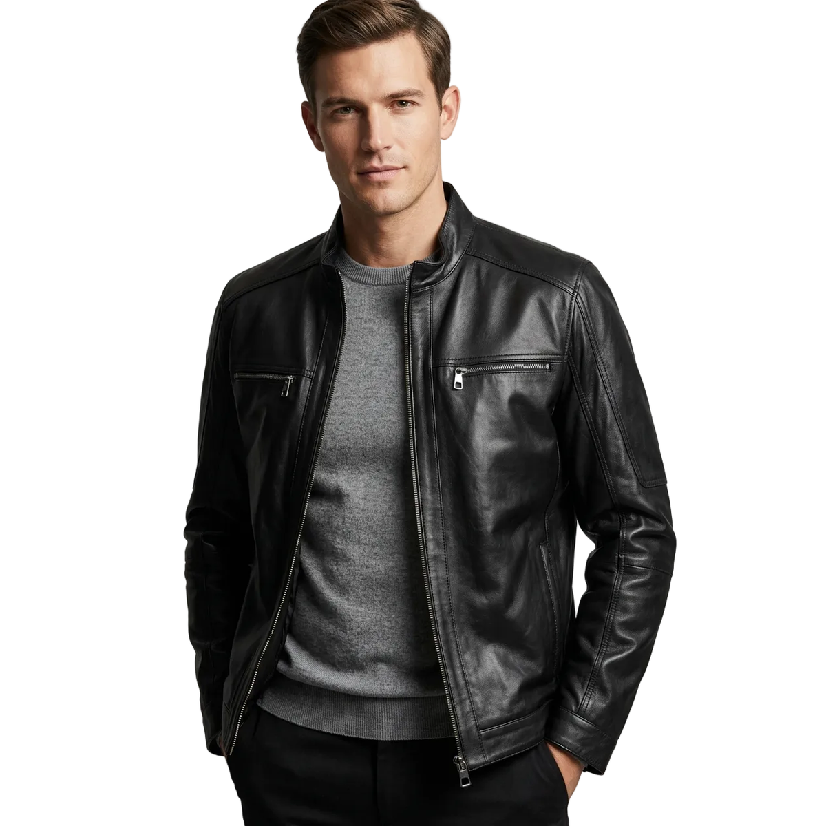 Men's VIA CONDOTTI Fine Lamb Skin Leather Zipper Jacket 081 Black
