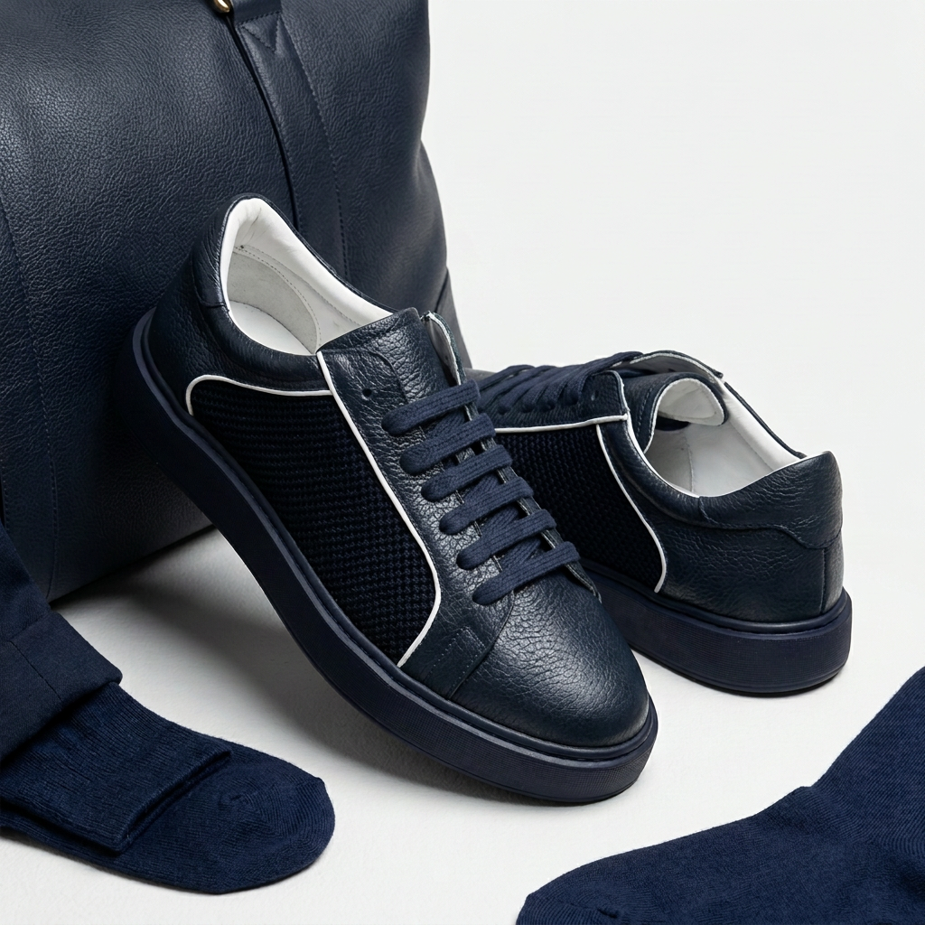 Men's Fashion Sneaker Shoes By SHENBINS Soft Deer Leather Hand Made in Turkey 0830 Navy White