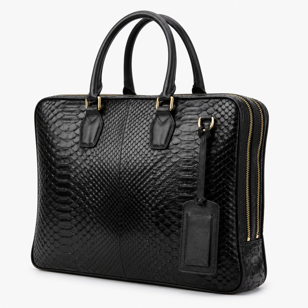 The Cortona Black Snake Leather Men’s Laptop Briefcase