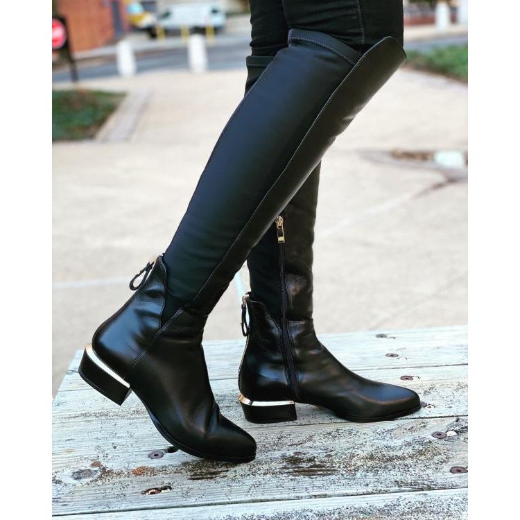 The Fairoks Black Leather Pointy Toe Knee High Women Boot