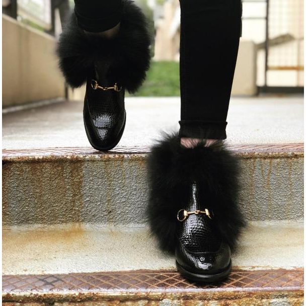 Vinci The Izmir Black Patent Leather Natural Fur Mid Calf Women  Boot