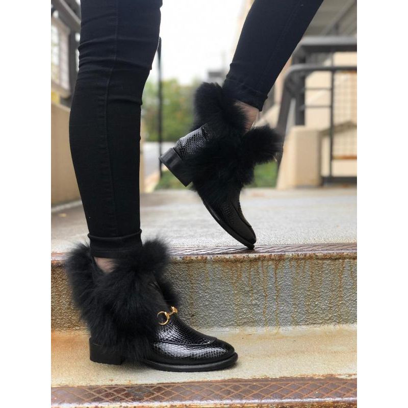 Vinci The Izmir Black Patent Leather Natural Fur Mid Calf Women  Boot