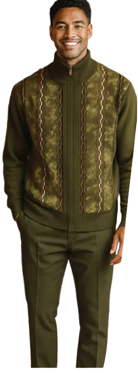 Men's Fancy European Sweater Jacket By Silversilk Fashionable 11005 Olive